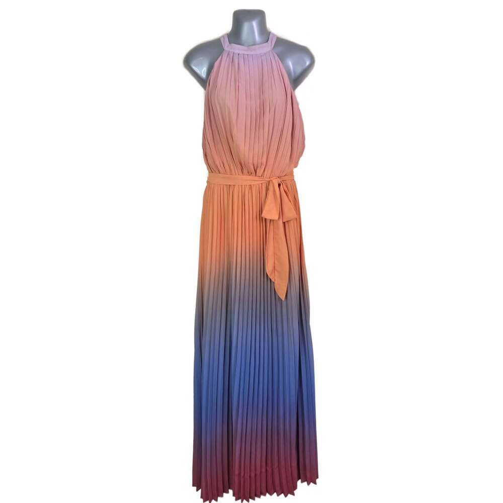 Flying Tomato Ombre Pleated Maxi Dress Size L Pink Orange Blue